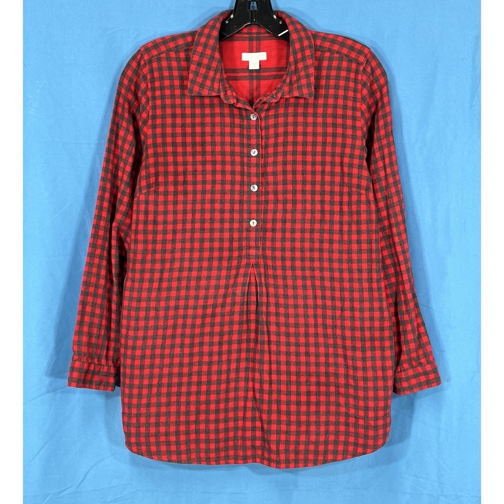 J.JILL Red/Black BUFFALO PLAID Mid-Weight Flannel HALF-BUTTON Popover Top S/P